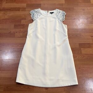 J Crew Cap Sleeve Cream Dress w Black Lace Detail and POCKETS, Size L